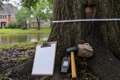 Inspection tools beside the root flare and fungal conk of a Sugar Land live oak