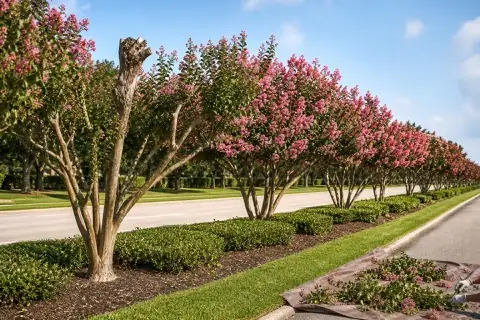 Naturally shaped blooming crape myrtles receiving selective pruning in Sugar Land