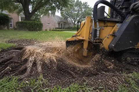 Stump grinder cutting a wide live oak stump in dark Fort Bend clay