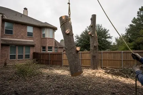 Rigged trunk section descending from a water oak in a fenced Sugar Land backyard