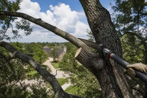 Clean branch-collar pruning cut inside a mature Sugar Land live oak canopy